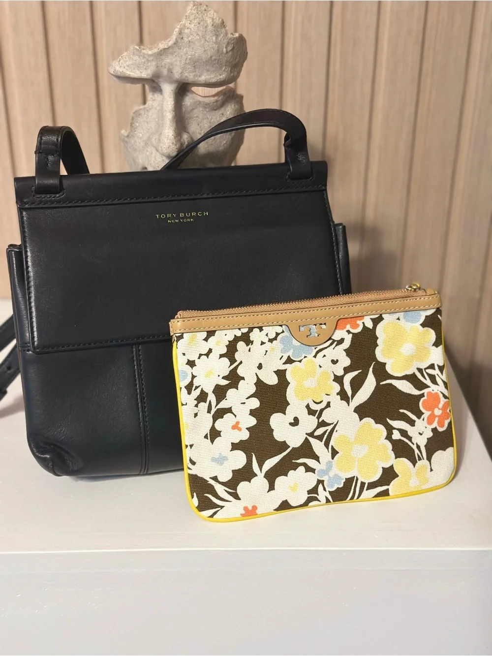 TORY BURCH BUNDLE Tory Burch Vintage Black Leather Shoulder Bag and floral pouch